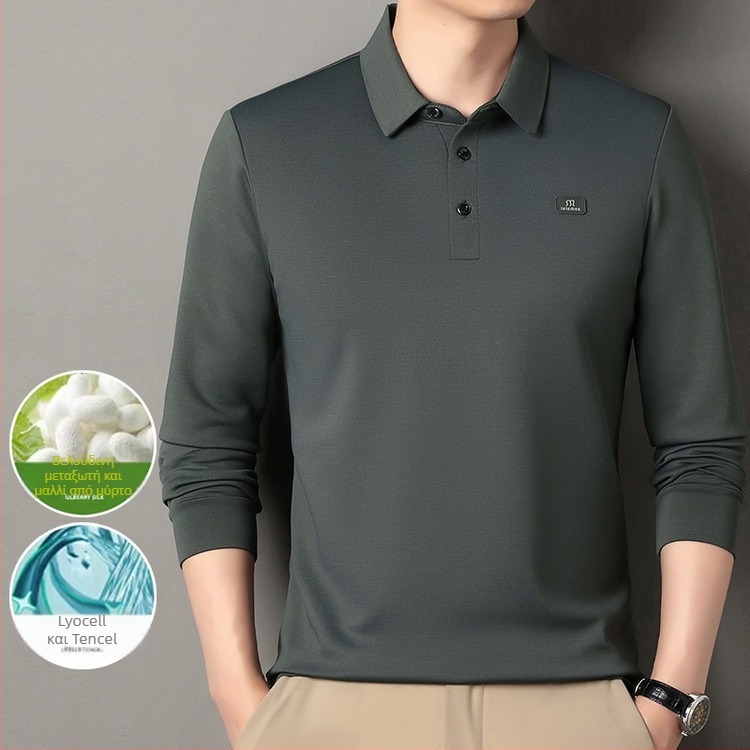 Ανδρικό πόλο με μακριά μανίκια, άνετη γραμμή; ύφασμα από μείγμα Mulberry μεταξιού με πολυεστέρα/Lyocell/Spandex, διαπνοή και απομάκρυνση υγρασίας, για άνοιξη-φθινόπωρο