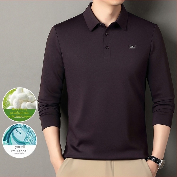 Ανδρικό πόλο με μακριά μανίκια, άνετη γραμμή; ύφασμα από μείγμα Mulberry μεταξιού με πολυεστέρα/Lyocell/Spandex, διαπνοή και απομάκρυνση υγρασίας, για άνοιξη-φθινόπωρο
