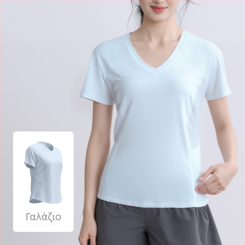 Αναπνεύσιμη αθλητική T-shirt με πλέγμα στην πλάτη, για τρέξιμο και γιόγκα, φαρδιά γραμμή; ύφασμα πολυεστέρας + σπάντεξ; σύνθεση 88% πολυεστέρας, 12% σπάντεξ; μανίκι 25–29 εκ; μήκος 55–65 εκ