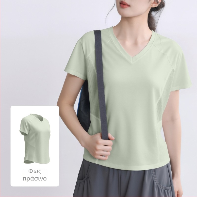 Αναπνεύσιμη αθλητική T-shirt με πλέγμα στην πλάτη, για τρέξιμο και γιόγκα, φαρδιά γραμμή; ύφασμα πολυεστέρας + σπάντεξ; σύνθεση 88% πολυεστέρας, 12% σπάντεξ; μανίκι 25–29 εκ; μήκος 55–65 εκ