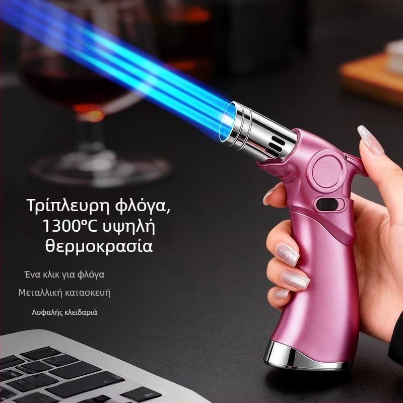 Αναπτήρας τριών φλογών, ανθεκτικός στον άνεμο, για πούρες και υπαίθρια μαγειρική, με βουτάνιο καύσιμο, μεταλλικό σώμα