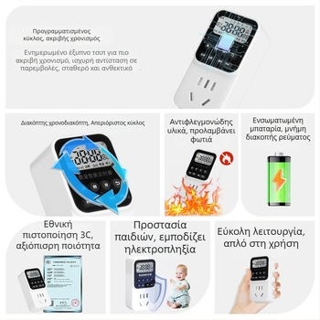 Έξυπνο χρονοπρογραμματισμένο βύσμα με αυτόματη απενεργοποίηση για φόρτιση EV, έλεγχος προγραμματισμένου χρόνου, κύκλος 24 ωρών • Μάρκα: voampere • CCC πιστοποιημένο • Λειτουργία χρονοδιακόπτη