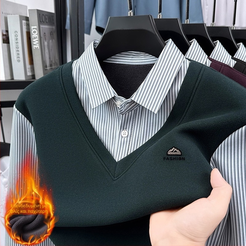 Πολό πουκάμισο - casual, μακρύ μανίκι, ριγέ, επένδυση φλίς, άνοιξη-φθινόπωρο