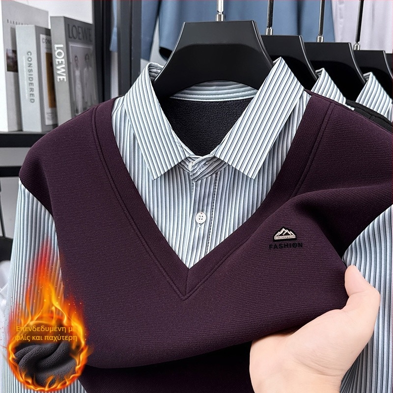 Πολό πουκάμισο - casual, μακρύ μανίκι, ριγέ, επένδυση φλίς, άνοιξη-φθινόπωρο