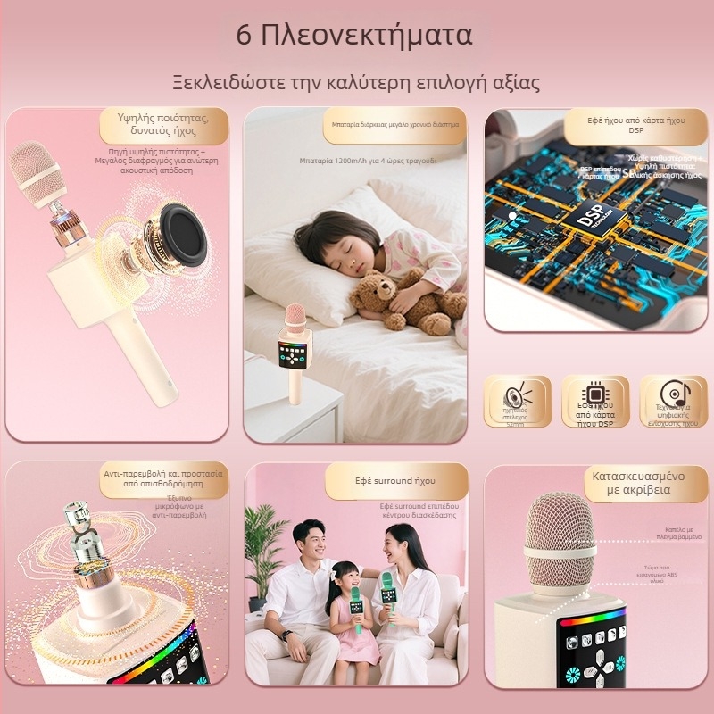 Στερεοφωνικό ενσύρματο μικρόφωνο καραόκε οικιακής χρήσης με ενσωματωμένη μπαταρία - 8W, 5V, 100Hz-20kHz, SNR ≥85dB, 1200-2000mAh