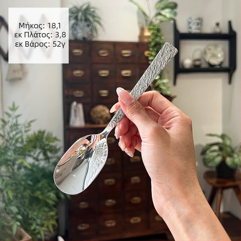 Οβάλ κουτάλι σούπας από ανοξείδωτο χάλυβα 304, με χτυπητό μοτίβο, τετράγωνη λαβή, παχυσμένο, φινίρισμα καθρέφτης, μινιμαλιστικό στυλ