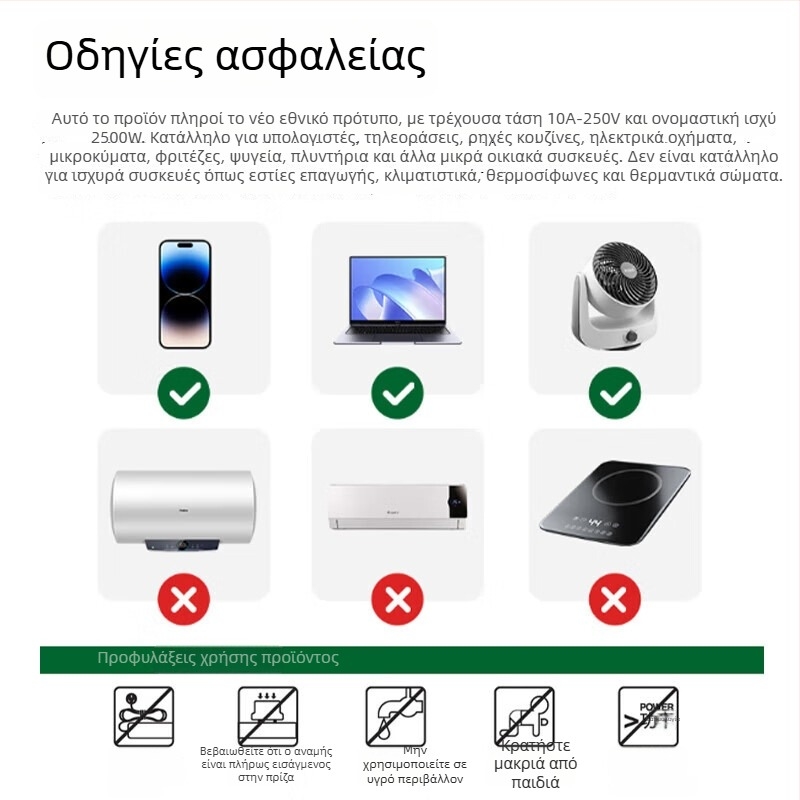 12 πρίζες Πολύμπριζο με καλώδιο, 10A, 250V, Εθνικό Πρότυπο