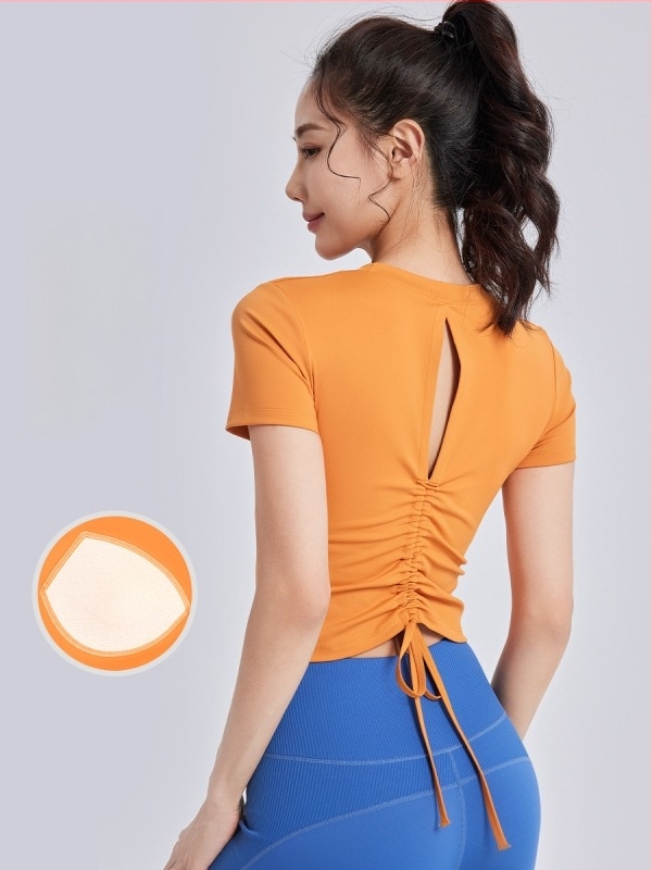 Γυναικεία μπλούζα γιόγκα με επένδυση στήθους, κοντό μανίκι, ρυθμιζόμενοι ιμάντες με κορδόνι, στενή γραμμή, διαπνέουσα (Αεριζόμενο • Πολυεστέρας + Ελαστάνη • 82.5% + 17.5% • Κοντό Μανίκι • Στενή)