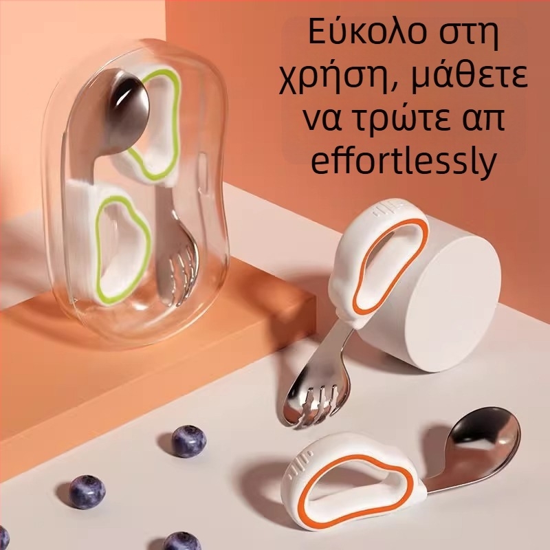 Σετ πιρούνι και κουτάλι εκμάθησης για παιδιά για αυτόνομο φαγητό, προπονητικά μαχαιροπήρουνα, κοντή λαβή από σιλικόνη και ανοξείδωτο χάλυβα, μοντέρνο μινιμαλιστικό σχέδιο, λανσαρίστηκε το 2024