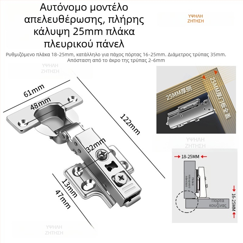 HITE μεντεσές πόρτας ντουλάπας, ανοξείδωτος χάλυβας, υδραυλική απόσβεση, αποσπώμενος