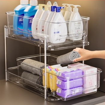 Κάτω από τον νεροχύτη: 3-επίπεδη εξαγόμενη ραφιέρα μπάνιου με διαφανή συρτάρια, PET + ανοξείδωτος χάλυβας