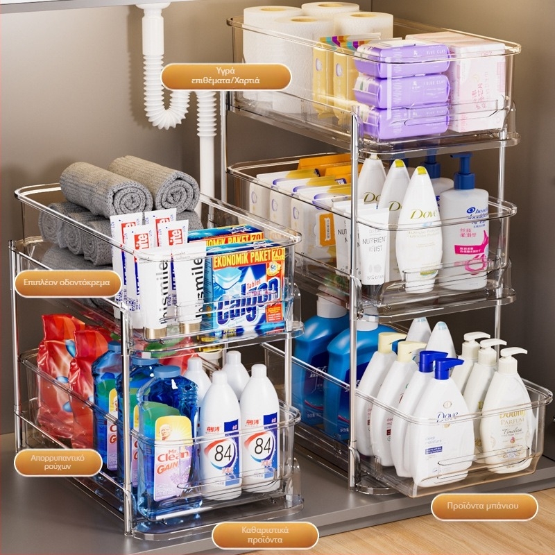Κάτω από τον νεροχύτη: 3-επίπεδη εξαγόμενη ραφιέρα μπάνιου με διαφανή συρτάρια, PET + ανοξείδωτος χάλυβας