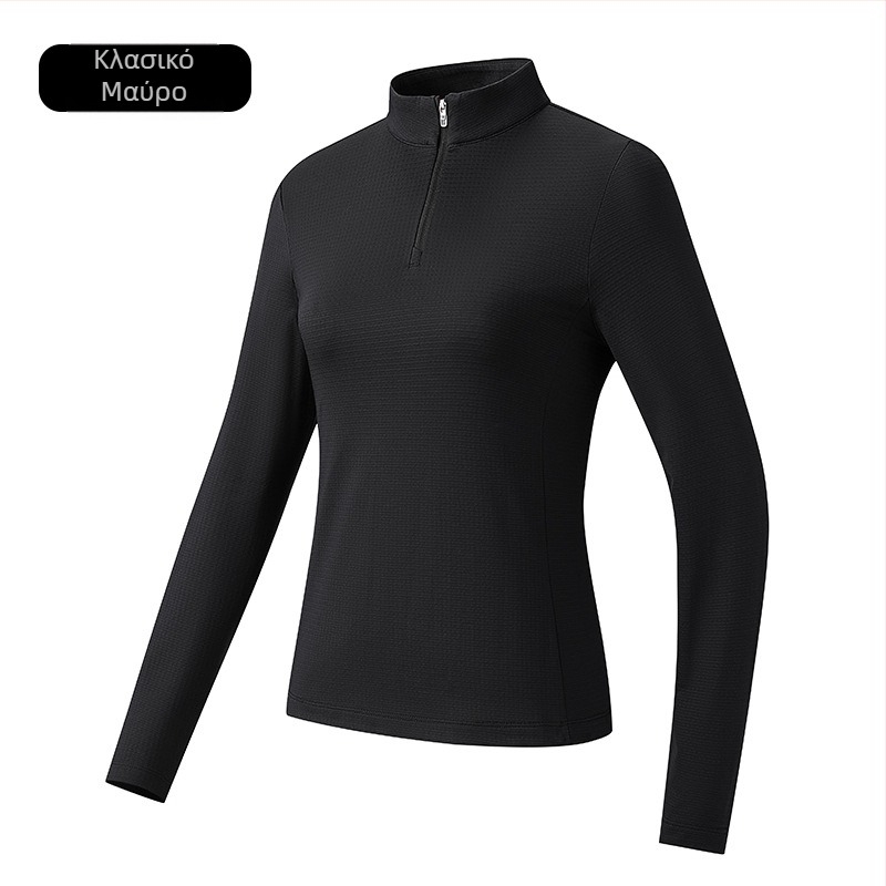 Ανδρικό αθλητικό T-shirt με στάσιμο γιακά, αναπνεύσιμο πολυεστέρας, μακριά μανίκια, στενή γραμμή