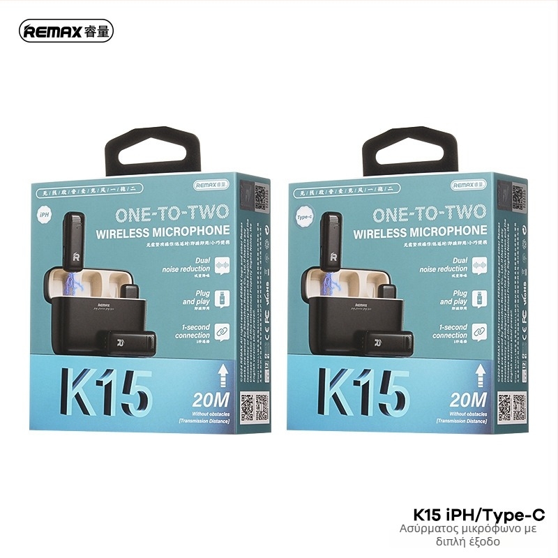REMAX Διπλού Κανάλι Ασύρματο Μικρόφωνο για Ζωντανή Μετάδοση, Μικρόφωνο με Κλιπ Λαιμού, Bluetooth 5.3, Ενσωματωμένη Μπαταρία 100–300 mAh, Αυτονομία 1–3 ώρες, SNR < 60 dB, Μοντέλο k13/k15