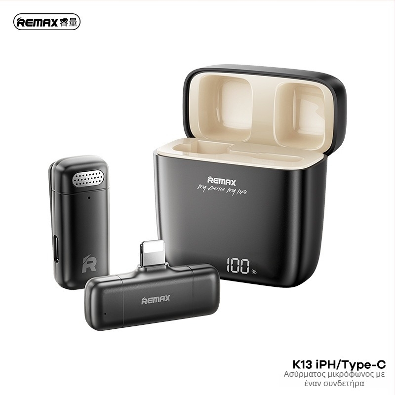 REMAX Διπλού Κανάλι Ασύρματο Μικρόφωνο για Ζωντανή Μετάδοση, Μικρόφωνο με Κλιπ Λαιμού, Bluetooth 5.3, Ενσωματωμένη Μπαταρία 100–300 mAh, Αυτονομία 1–3 ώρες, SNR < 60 dB, Μοντέλο k13/k15
