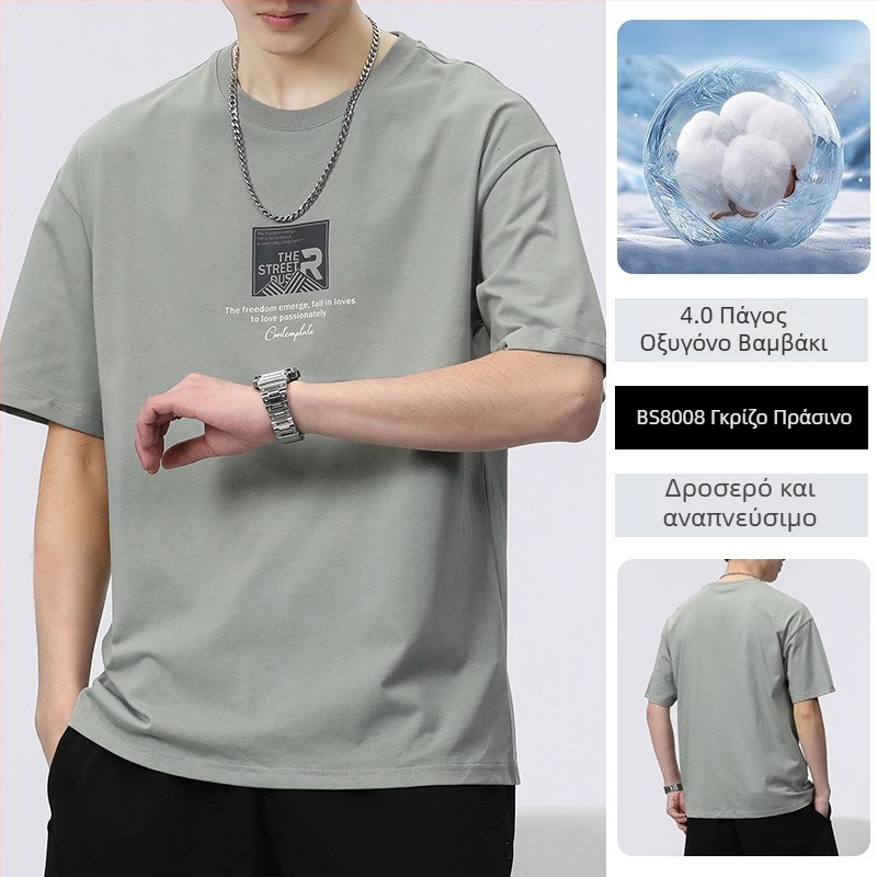 Ανδρική κοντομάνικη μπλούζα T‑shirt σε κορεατικό στυλ, στρογγυλός λαιμός, εκτύπωση με γράμματα, Milk Silk πολυεστέρας 81–90%, Καλοκαίρι, άνετη εφαρμογή