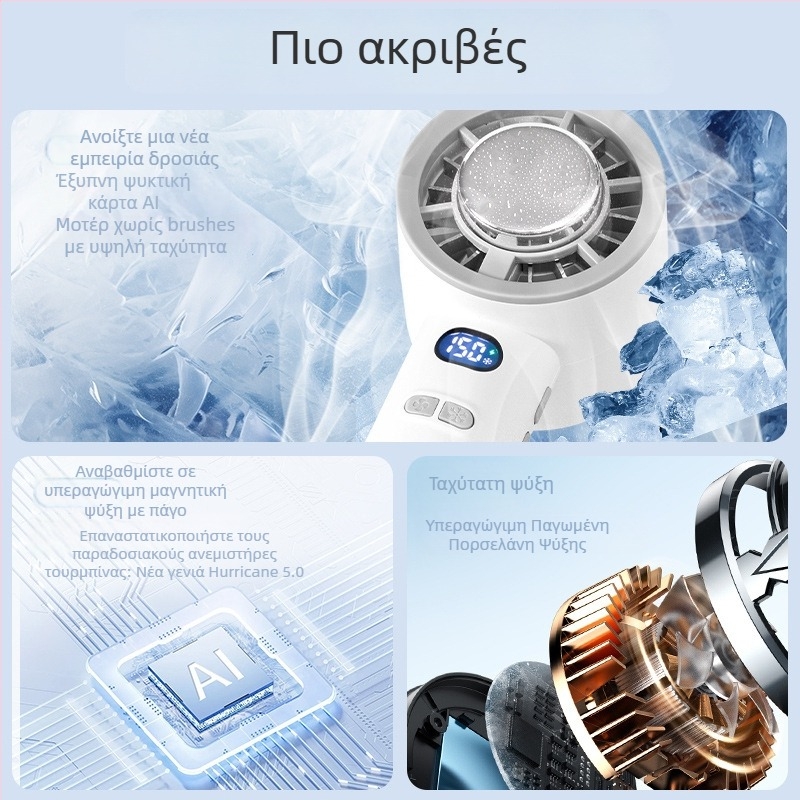 Φορητός ανεμιστήρας χειρός με μοτέρ χωρίς ψήκτρες, USB φόρτιση, ενσωματωμένη μπαταρία 2000–4000 mAh, 3 λεπίδες, 3 ταχύτητες ροής αέρα