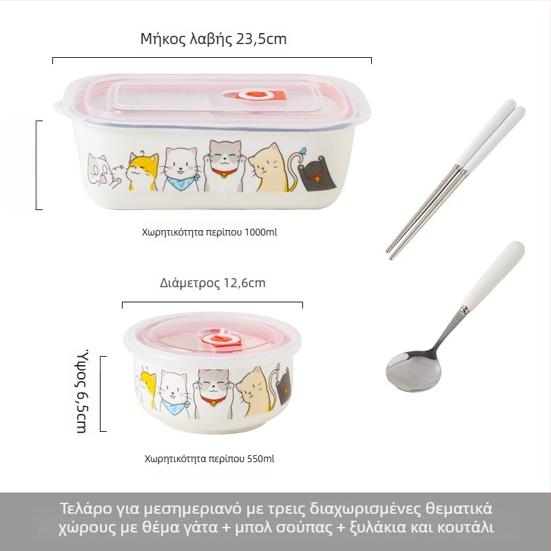 Κεραμικό ορθογώνιο κουτί γεύματος με σχέδιο καρτούν, κατάλληλο για φούρνο μικροκυμάτων, χωρητικότητα 800–1000 ml