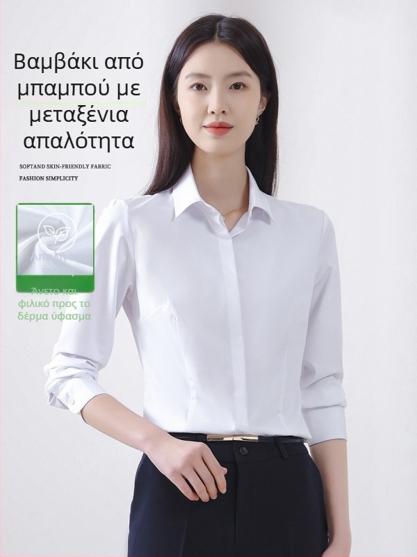 Γυναικείο μακρυμάνικο πουκάμισο για φθινοπωρινή επαγγελματική εμφάνιση, без σιδέρωμα, μίξη μπαμπού-πολυεστέρα (30-50% κάθε), κεντημένο λογότυπο, τετράγωνος γιακά.