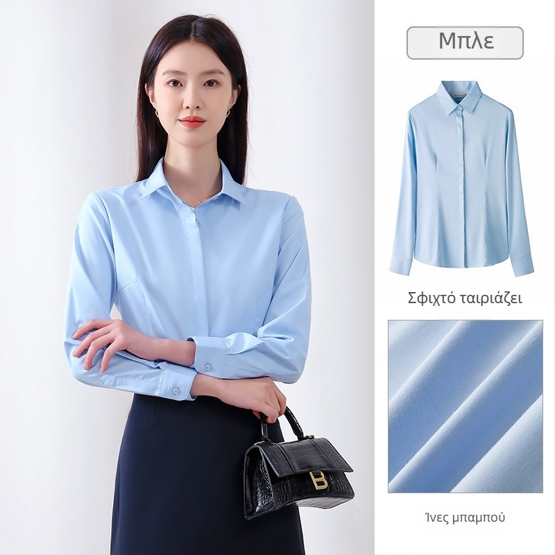 Γυναικείο μακρυμάνικο πουκάμισο για φθινοπωρινή επαγγελματική εμφάνιση, без σιδέρωμα, μίξη μπαμπού-πολυεστέρα (30-50% κάθε), κεντημένο λογότυπο, τετράγωνος γιακά.