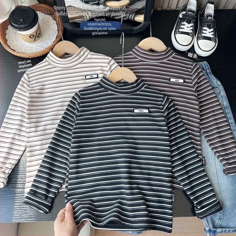 Παιδικό μακρυμάνικο T‑shirt με ρίγες και ελαστικότητα, κορεατικού στυλ, ύφασμα από πολυεστερική μίξη, για αγόρια άνω των 8 ετών, χειμώνας 2025