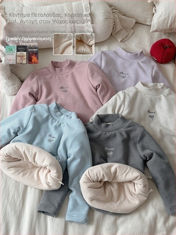 Top για κορίτσια με φλίς επένδυση, στρογγυλός λαιμός, μακριά μανίκια, κορεατικό στυλ, για τον χειμώνα