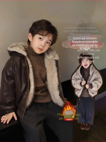 Παιδικό διπλής όψης κουκούλα PU δερμάτινο μπουφάν με επένδυση φλίς και κλείσιμο με φερμουάρ