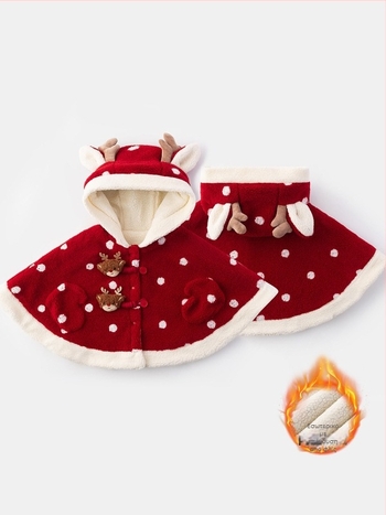 Παιδική κάπα με κουκούλα, χοντρή γούνινη επένδυση, πουά σχέδιο, κλείσιμο με κουμπιά, για τον χειμώνα