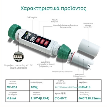 Φορητός αναλυτής ποιότητας νερού 5 σε 1: pH, EC, TDS, αλατότητα και θερμοκρασία (Μοντέλο MF-X51)