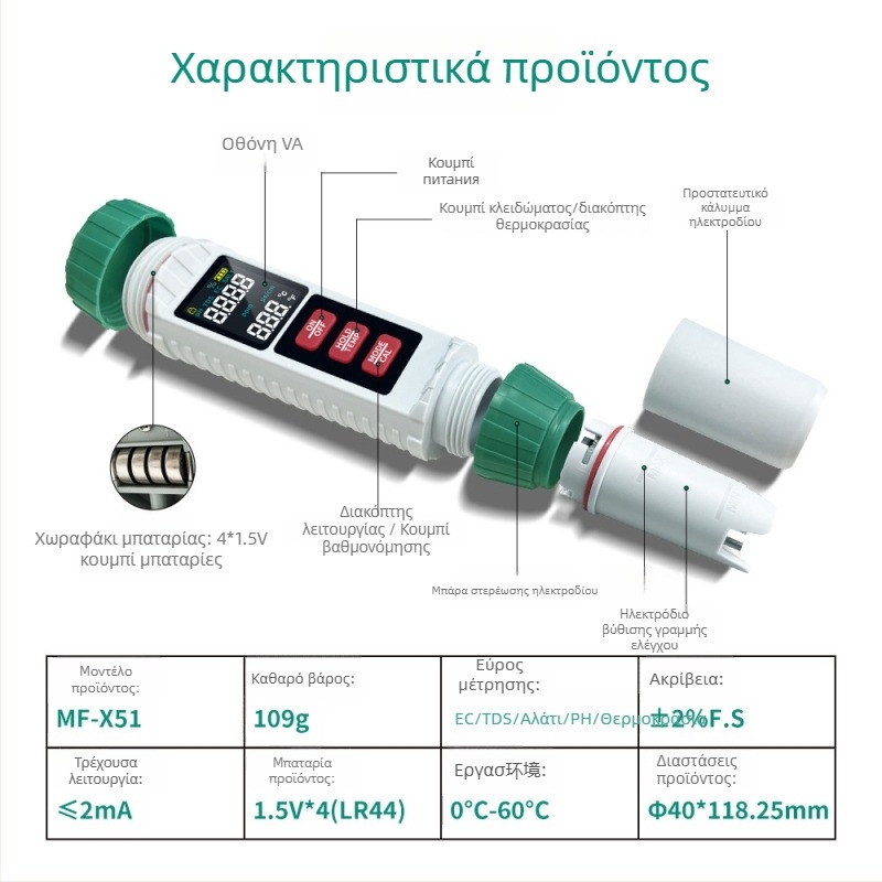 Φορητός αναλυτής ποιότητας νερού 5 σε 1: pH, EC, TDS, αλατότητα και θερμοκρασία (Μοντέλο MF-X51)