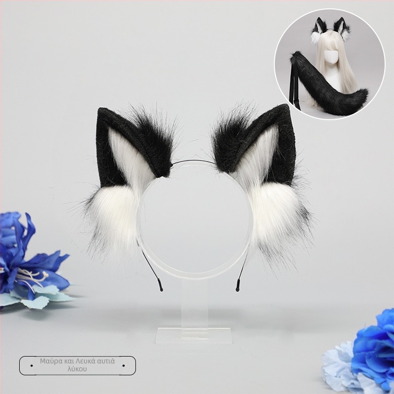 Κεφαλόδεσμος με λούτρινα αυτιά θηρίου, χειροποίητος, cartoon σχέδιο λύκου, unisex