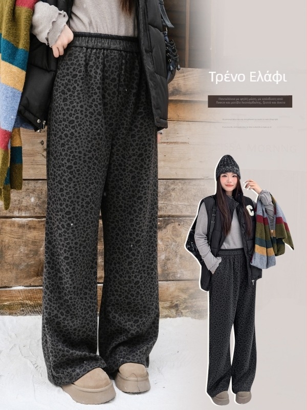 Κορεατικού στυλ παντελόνια υψηλής μέσης ίσιας γραμμής, λεοπάρ μοτίβο, πολυεστέρας, χειμώνας 2025