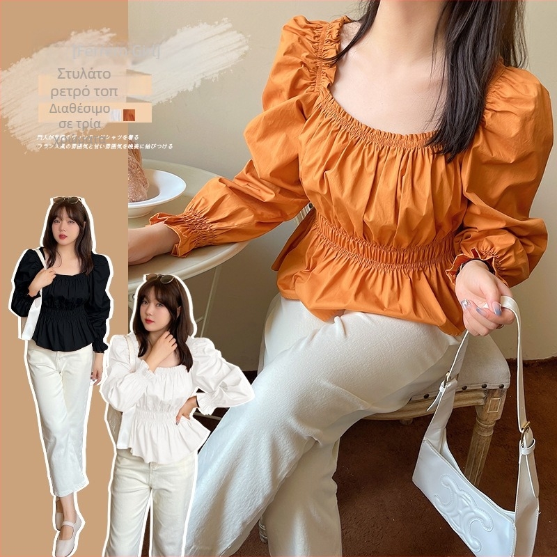 Πουκάμισο W901 με φουσκωτά μανίκια, τετράγωνη λαιμόκοψη, βαμβάκι 95%+, υφαντό ύφασμα, Φθινόπωρο 2024