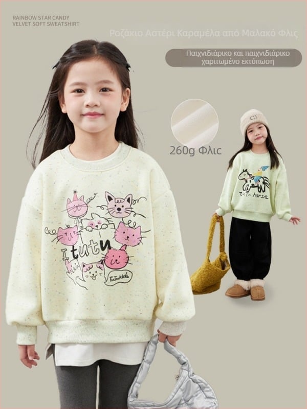 Παιδικό φούτερ από βαμβάκι με φλις επένδυση, χοντρή εσωτερική επένδυση, με γυριστό λαιμό, μακριά μανίκια, σχέδιο καρτούν/γραμμάτων, για κορίτσια 3-8 ετών, κατάλληλο για χειμώνα και φθινόπωρο.