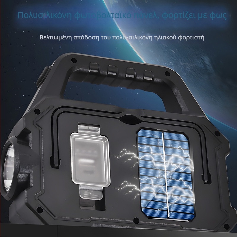 Ηλιακό φακό με ABS περίβλημα, ενσωματωμένη μπαταρία λιθίου, φόρτιση μέσω ηλιακής ενέργειας και USB, LED υψηλής ισχύος + COB φως, περιστροφή 360°