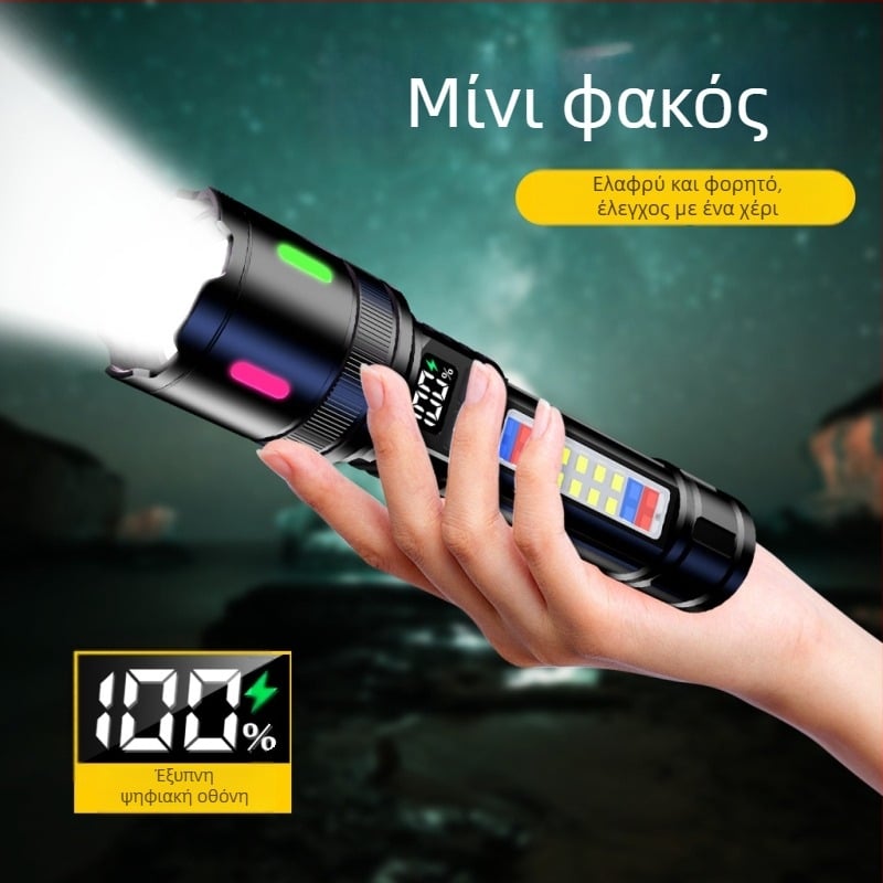 Φακός LED COB με τηλεσκοπικό ζουμ (15W, μπαταρία 18650, LED πηγή φωτός, εμβέλεια 200–500m)