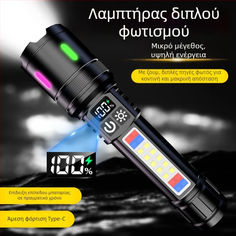 Φακός LED COB με τηλεσκοπικό ζουμ (15W, μπαταρία 18650, LED πηγή φωτός, εμβέλεια 200–500m)