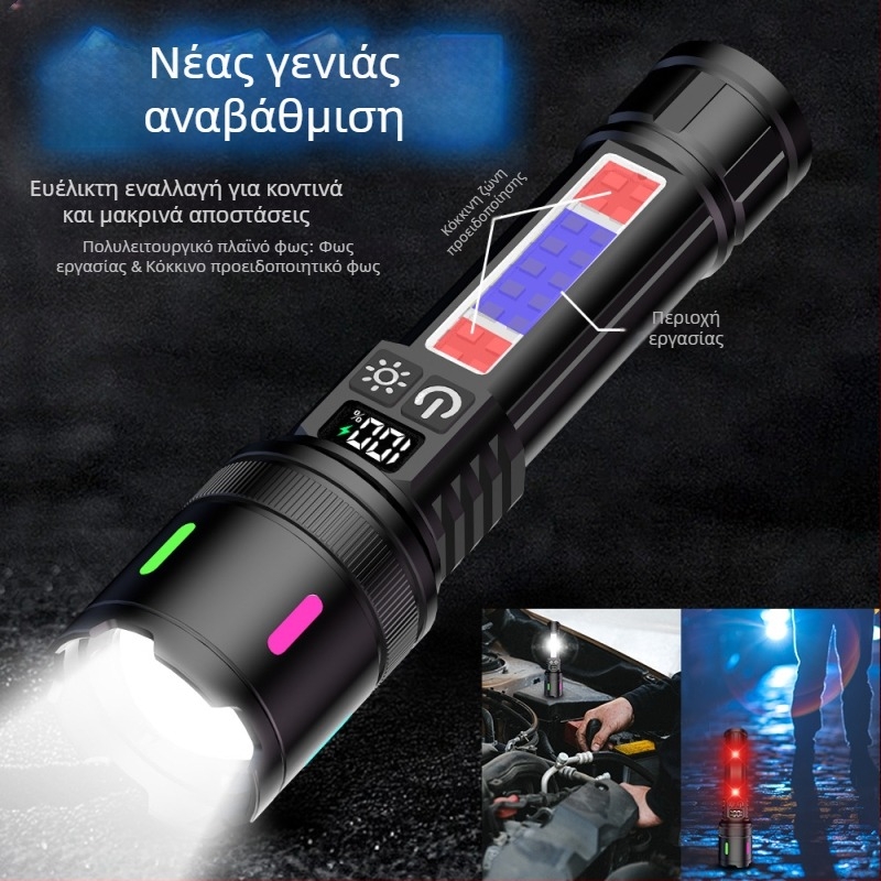 Φακός LED COB με τηλεσκοπικό ζουμ (15W, μπαταρία 18650, LED πηγή φωτός, εμβέλεια 200–500m)