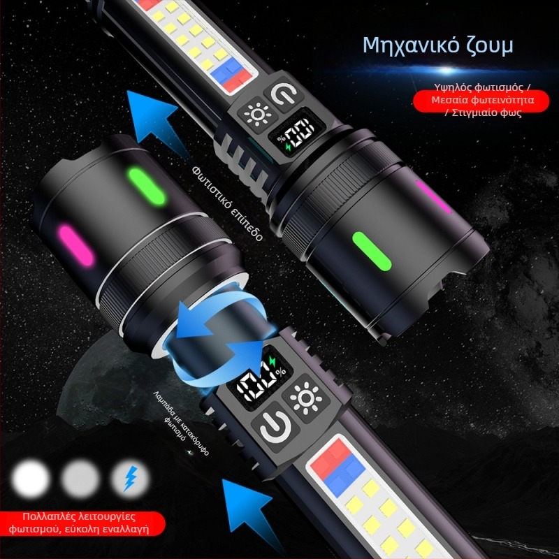 Φακός LED COB με τηλεσκοπικό ζουμ (15W, μπαταρία 18650, LED πηγή φωτός, εμβέλεια 200–500m)