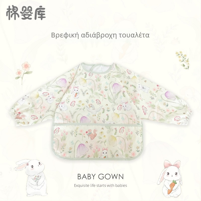 Unisex βρεφικό αδιάβροχο ποδιά-μπιμπ με μακριά μανίκια, 100% πολυεστέρας, σχέδιο χειροποίητης εικονογράφησης, τεσσάρων εποχών, κατάλληλο για βρέφη και νήπια 1–3 ετών, ασφάλεια κατηγορίας Α