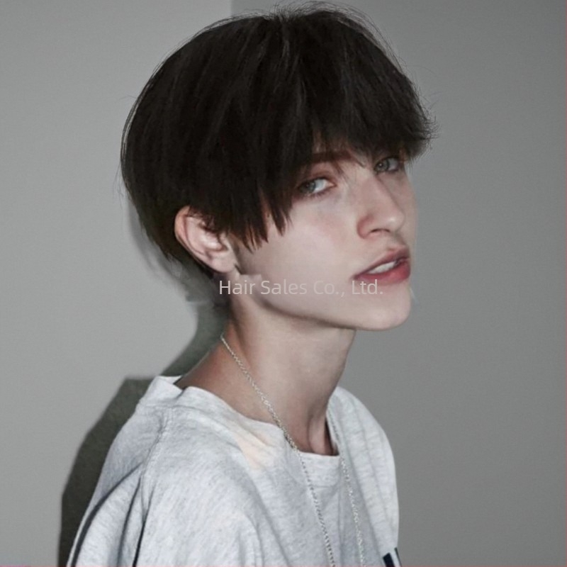 Ανδρική περούκα, κοντά ίσια μαλλιά, συνθετικό ινώδες υψηλής θερμοκρασίας, πλαϊνά φράντζες με κλίση, ρεαλιστικό αποτέλεσμα