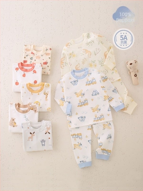 Unisex παιδικό σετ πιτζάμες από 100% βαμβάκι, μακριά μανίκια, κατηγορία Α, αντιβακτηριακές, με στρογγυλό λαιμό χωρίς ραφές