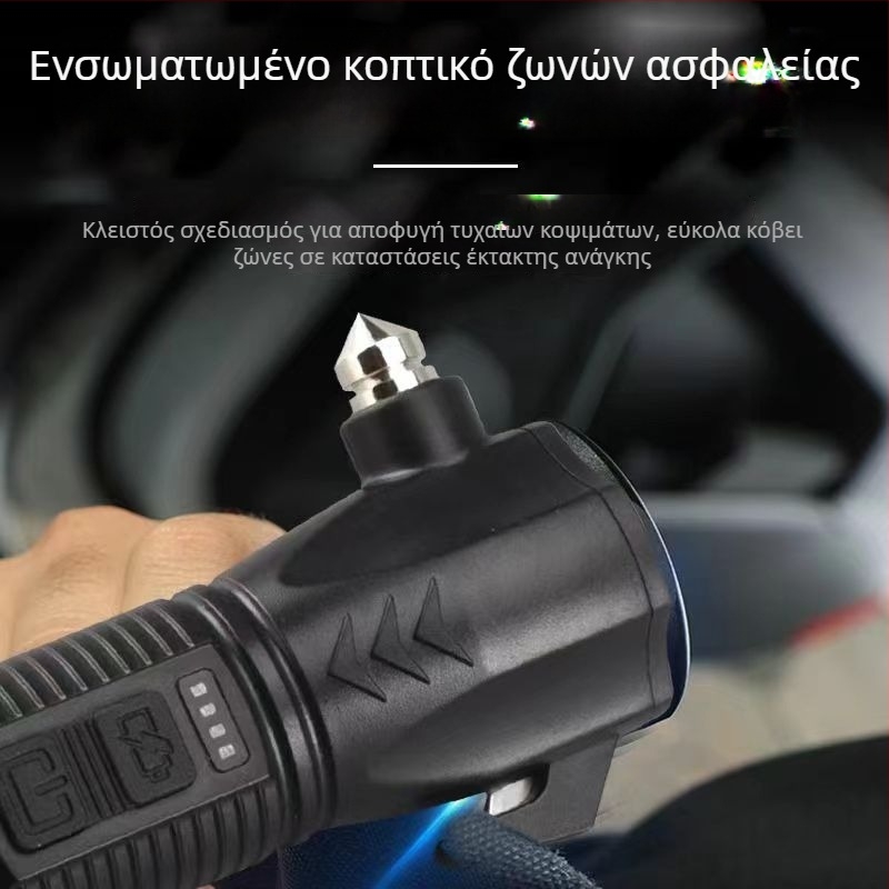 TANJE Πολυλειτουργικό σφυρί διαφυγής με σπάσιμο τζαμιού, COB φως + 3W LED, επαναφορτιζόμενος εργασιακό φακός και επείγον φακός, περιστροφή 360°, μπαταρία 800 mAh, εμβέλεια 200–500 m