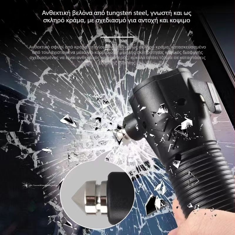 TANJE Πολυλειτουργικό σφυρί διαφυγής με σπάσιμο τζαμιού, COB φως + 3W LED, επαναφορτιζόμενος εργασιακό φακός και επείγον φακός, περιστροφή 360°, μπαταρία 800 mAh, εμβέλεια 200–500 m