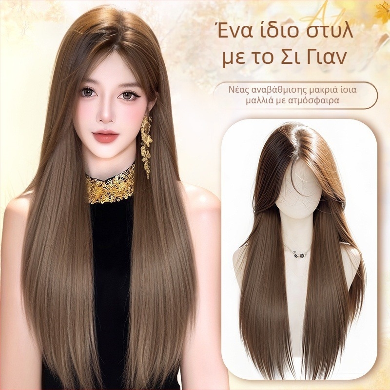 Μακριά ίσια περούκα με φράντζες, κορεατικό στυλ, μοντέλο 9001, ίνες υψηλής θερμοκρασίας, κατασκευή με μηχανισμό