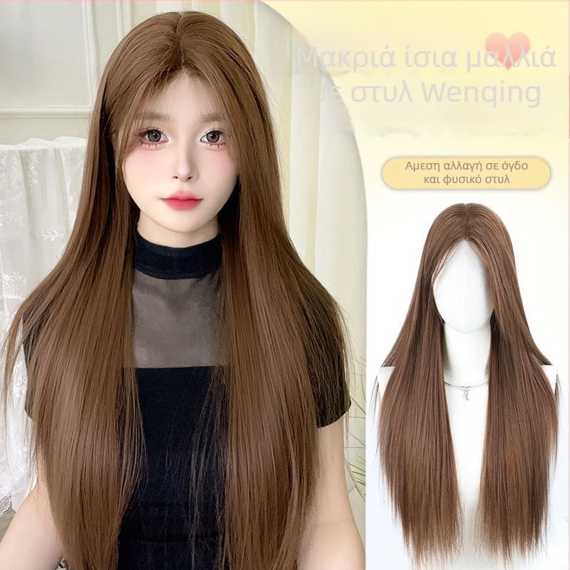 Περούκα για γυναίκες - μακριά ίσια μαλλιά, ίνες υψηλής θερμοκρασίας, πλήρης κάλυψη κεφαλής, φυσικό στυλ, φράντζ με μεσαία χωριστή γραμμή