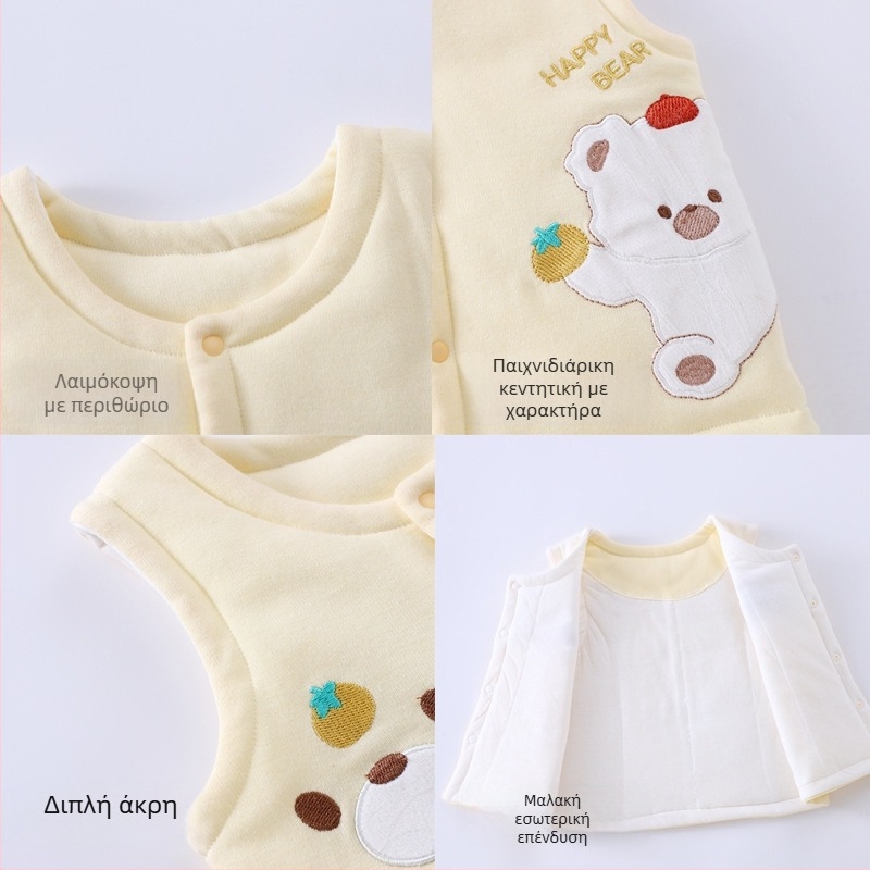 Γιλέκο μωρών από 100% βαμβάκι με επένδυση, unisex, 0–12 μηνών, φθινοπωρινό–χειμερινό, χωρίς μανίκια, με σχέδιο καρτούν