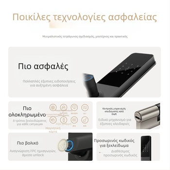 Έξυπνη κλειδαριά με δακτυλικό αποτύπωμα και κωδικό — αποθήκευση 40 δακτυλικών αποτυπωμάτων, περισσότερες από 1.000.000 ανοίξεις, χρόνος σάρωσης <0.1 s, ψευδές αποδοχή <0.001%, ψευδής απόρριψη <1.0%