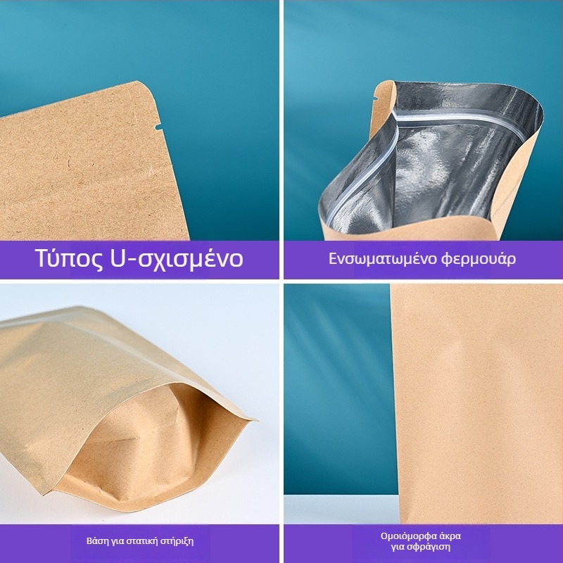 Σακουλάκι τροφίμων από αλουμινοποιημένο kraft χαρτί, αυτοστήμενο, με ZIP και σφράγιση κενού, γενική συσκευασία τροφίμων (τσάι, αποξηραμένο κρέας)