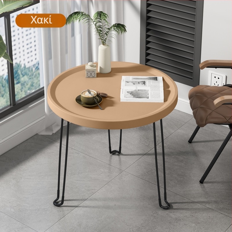 Αναδιπλούμενο στρογγυλό πλαϊνό τραπεζάκι από πλαστικό με πλαίσιο ανοξείδωτου ατσάλι, παραμετροποιήσιμο.